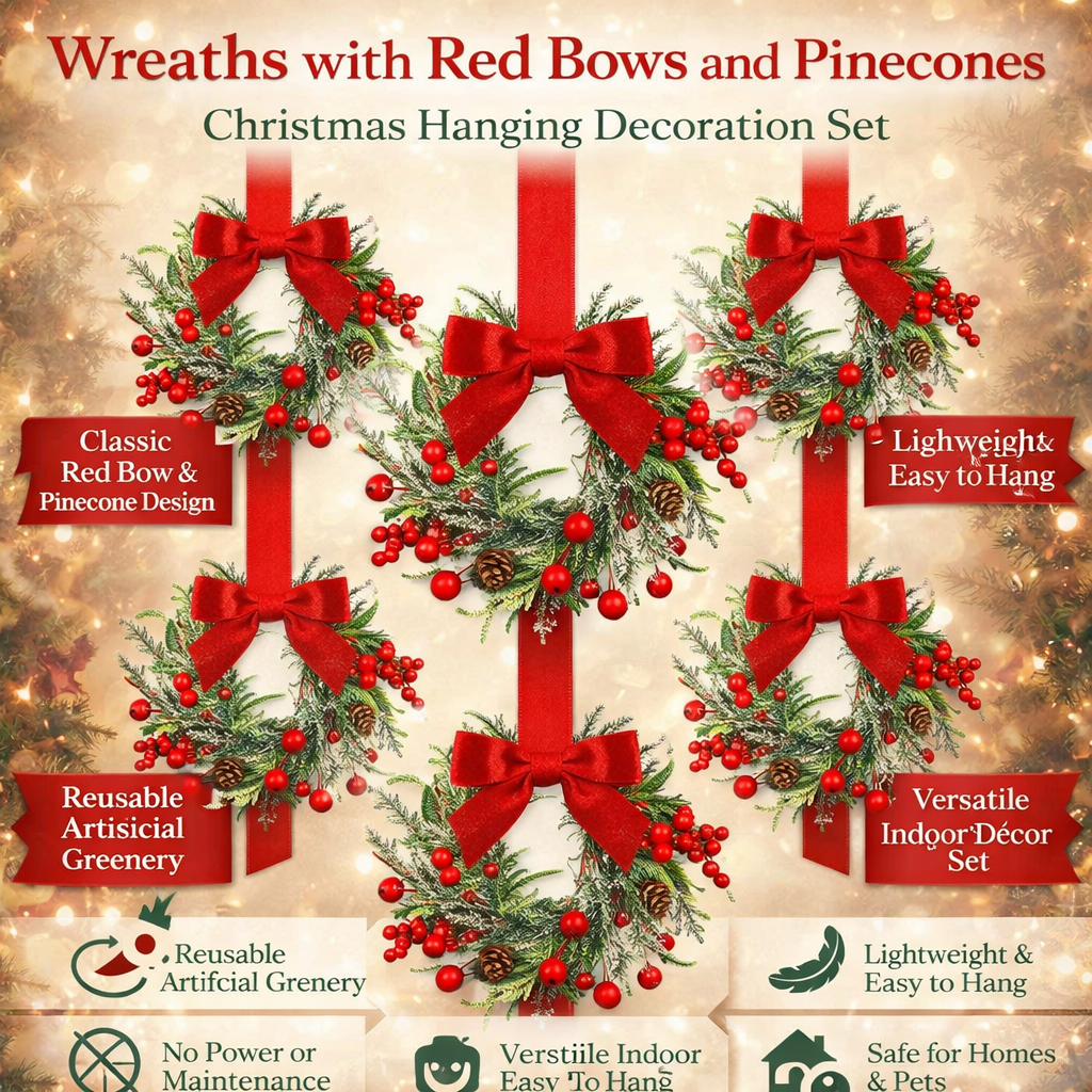 Artificial Christmas Wreath with Red Bows and Pinecone Accents