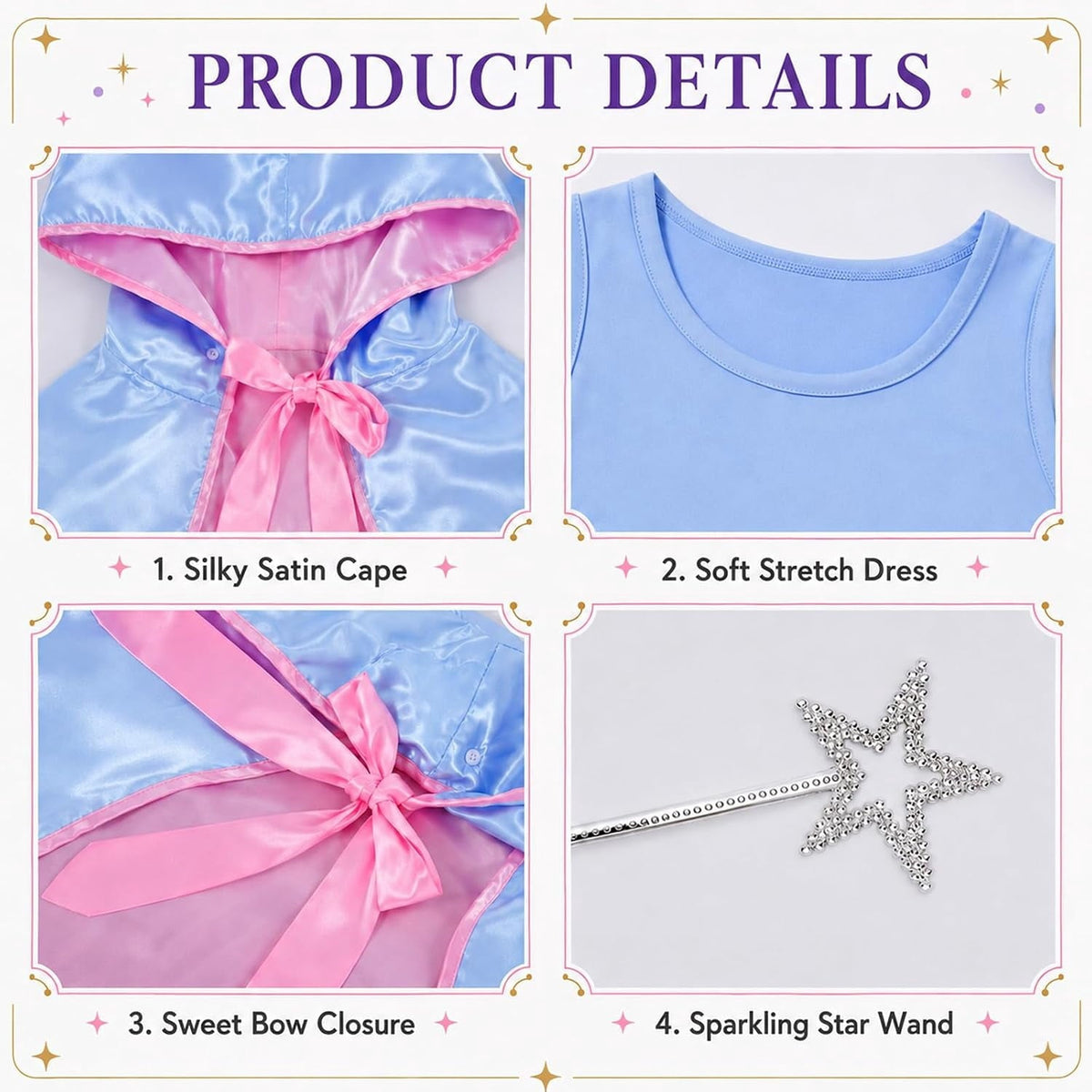 3PCS Fairy Godmother Halloween Costumes for Women, Blue Dress with Cape and Star Wand, Cosplay Outfit for Fairy Parties Stage Performances