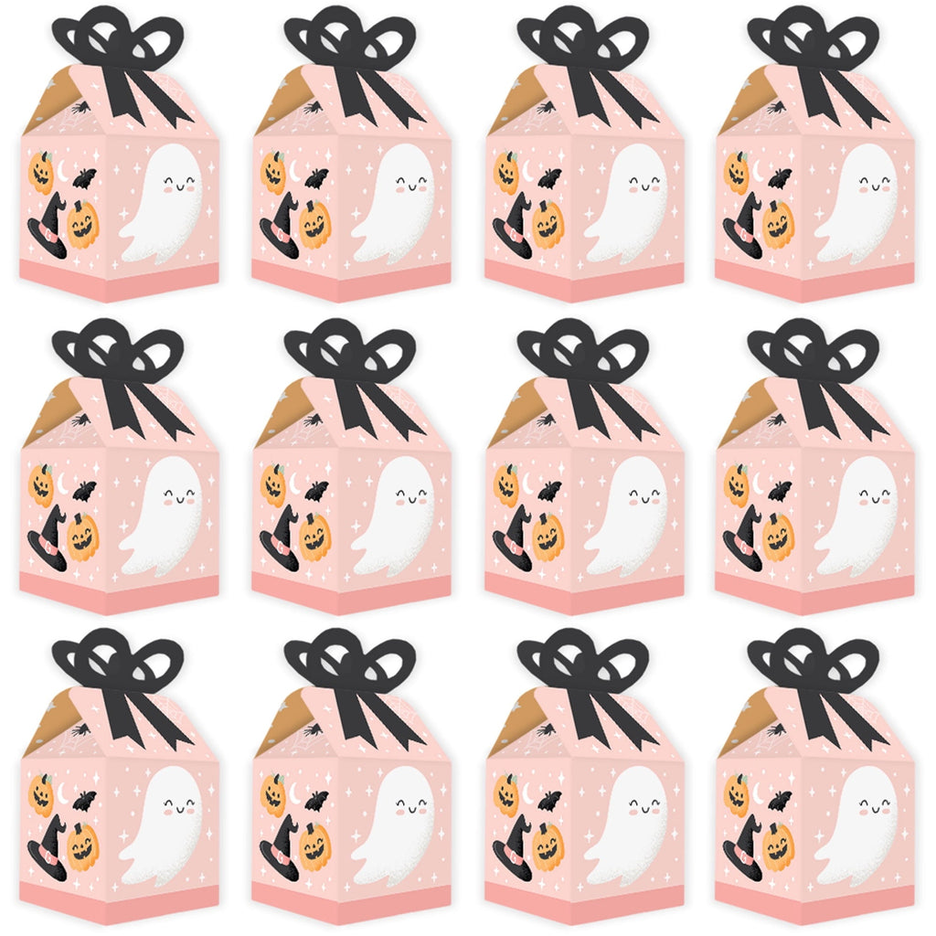 Big Dot of Happiness Pastel Halloween - Square Favor Gift Boxes - Pink Pumpkin Party Bow Boxes - Set of 12