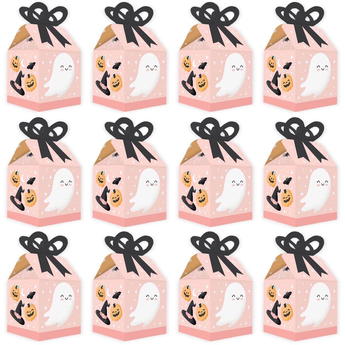 Big Dot of Happiness Pastel Halloween - Square Favor Gift Boxes - Pink Pumpkin Party Bow Boxes - Set of 12