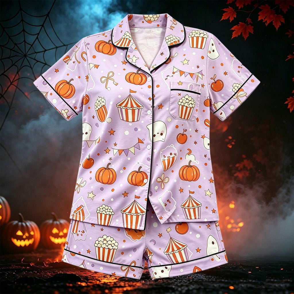 CUZIBR Girls Halloween Pajamas Sets Soft Comfortable Ghost Pumpkin Lapel Button Short Sleeve Shirt Elastic Waist Shorts 2 Pieces Sleep Loungewear Relaxed Sleepwear Outfits, Orange-C