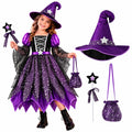 G`irls Purple Themed Dress Set, Kids Halloween Outfit with Witch Hat, Star Wand and Candy Pouch for Party Dress Up
