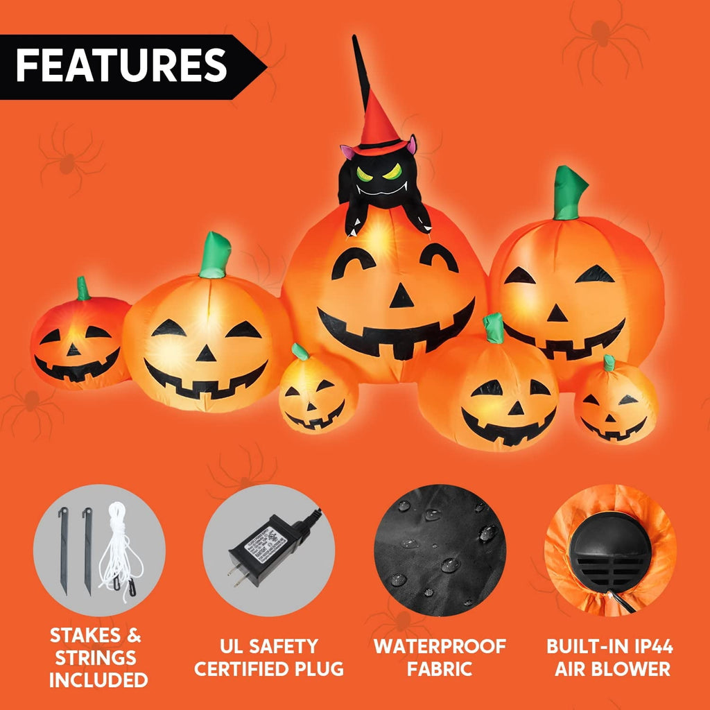 Joyfy 7 ft Halloween Inflatable Long Pumpkin with Witch's Cat Decorations Inflatables with Build-in LEDs, Halloween Decor Outdoor Blow Up Yard Decorations