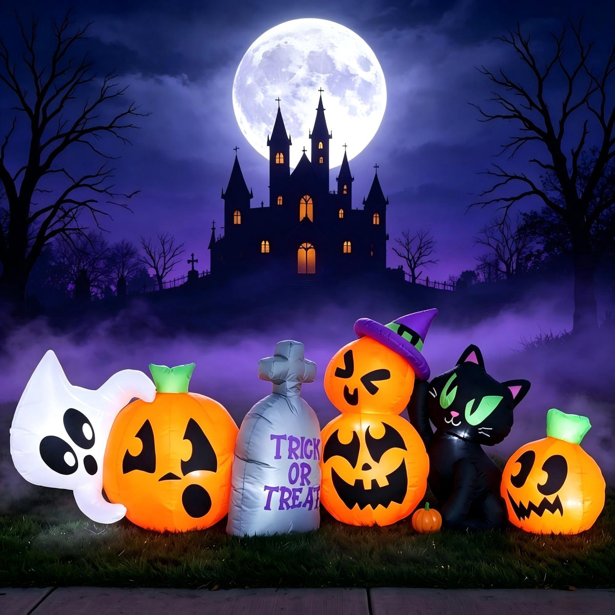 Joyfy 7 ft Halloween Inflatable Long Pumpkin with Witch's Cat Decorations Inflatables with Build-in LEDs, Halloween Decor Outdoor Blow Up Yard Decorations