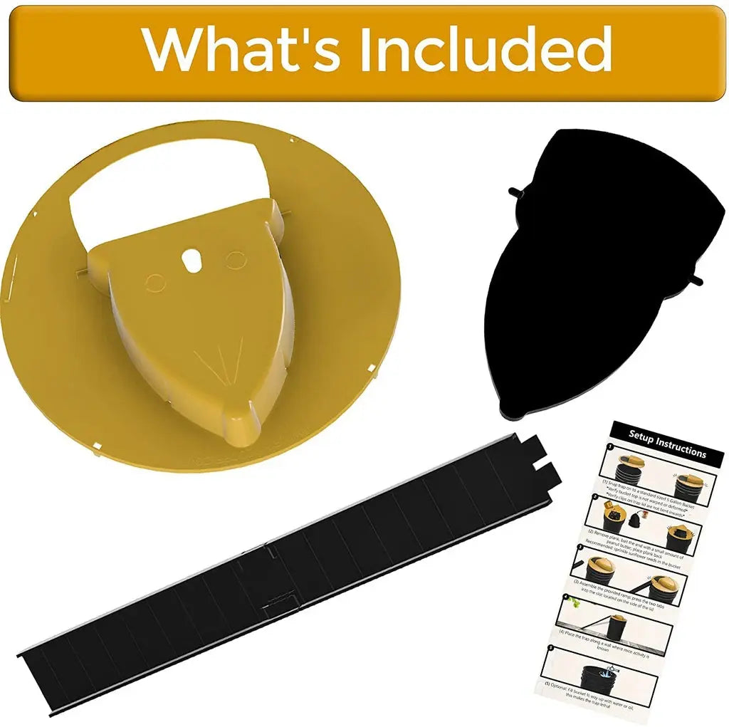 Bucket Mouse Trap with Counterweighted Plank and Two-Part Ramp, Enclosed Catch Design