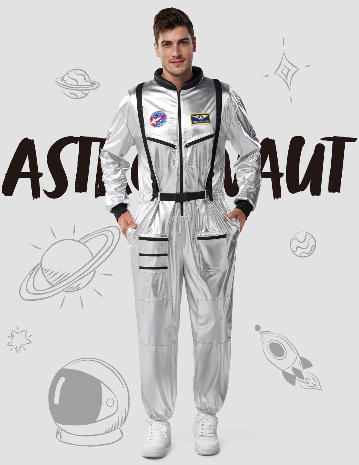 Joyfy Adult Men Astronaut Costume Halloween Spaceman Costume Silver Space Suit Spaceman Jumpsuit Pilot Outfit for Halloween Party Cosplay