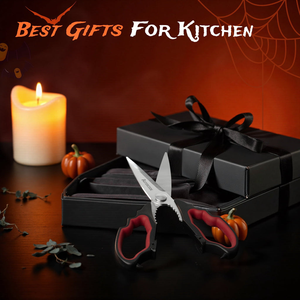 Astercook Halloween Kitchen Scissors, Gothic Skull Heavy Duty Shears for Cooking, Poultry, Herbs – Spooky Pumpkin Design, Dishwasher Safe