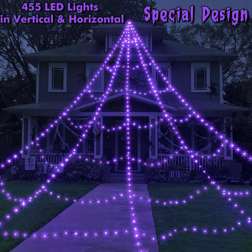 455 LED Halloween Spider Web Lights, 16.4 FT Giant Spider Web with Remote and 8 Lighting Modes