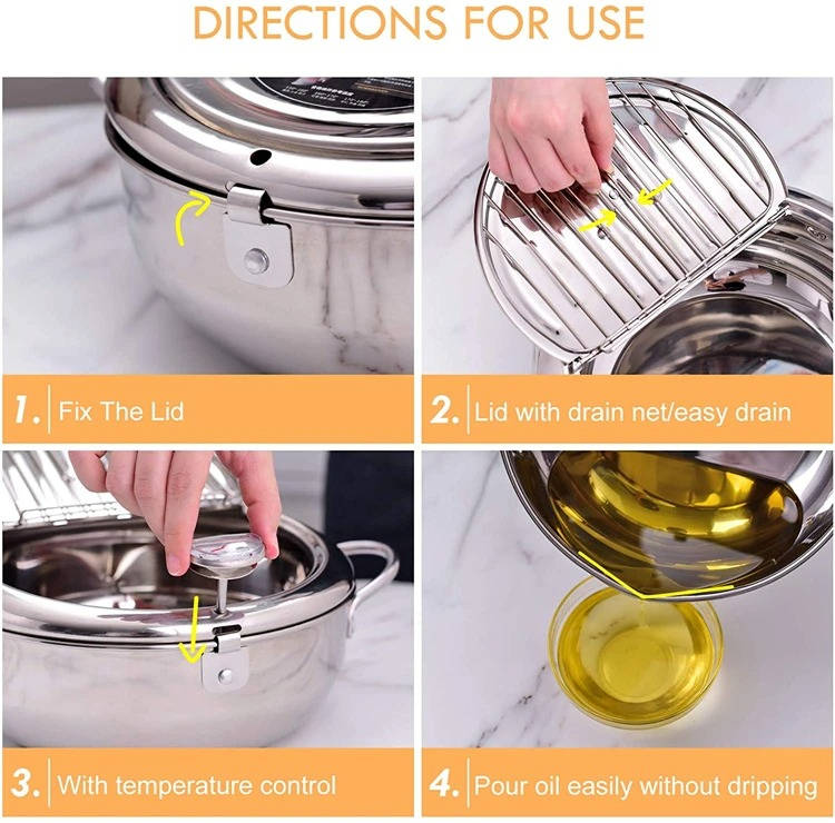 Deep Frying Pot with Splash Guard Lid and Built-in Thermometer, Wire Drain  Rack