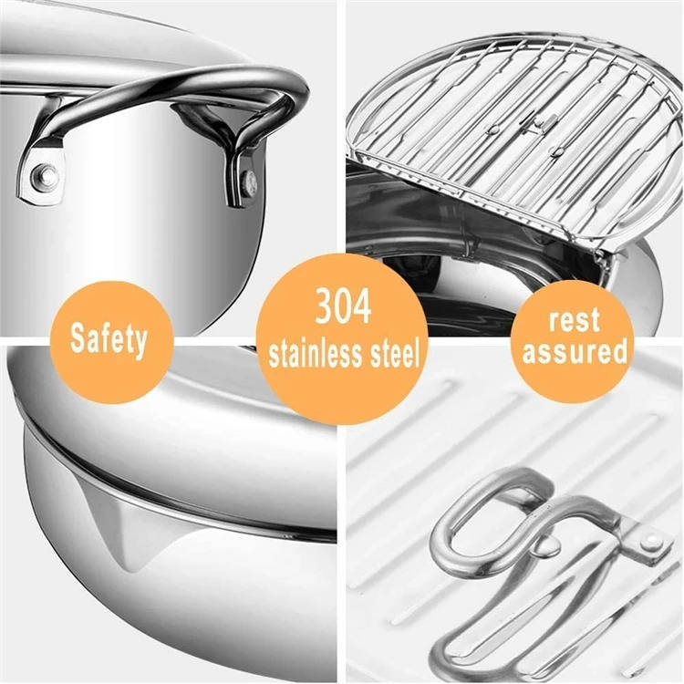 Deep Frying Pot with Splash Guard Lid and Built-in Thermometer, Wire Drain  Rack