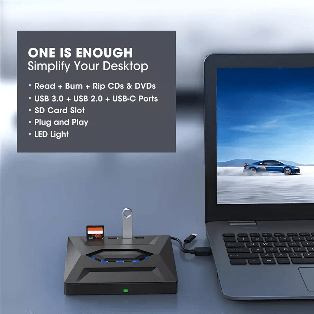 External Optical Drive with SD Card Slot and USB Hub for PC Mac  Laptops