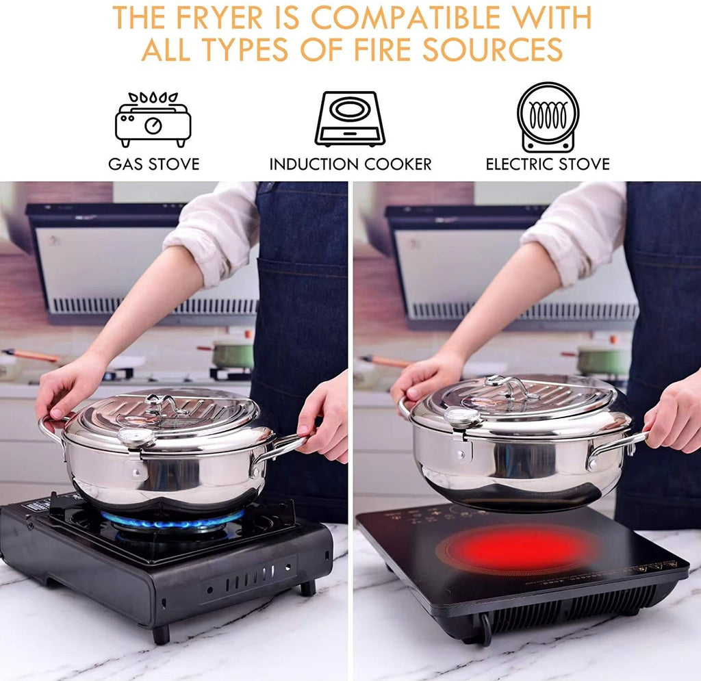 Deep Frying Pot with Splash Guard Lid and Built-in Thermometer, Wire Drain  Rack