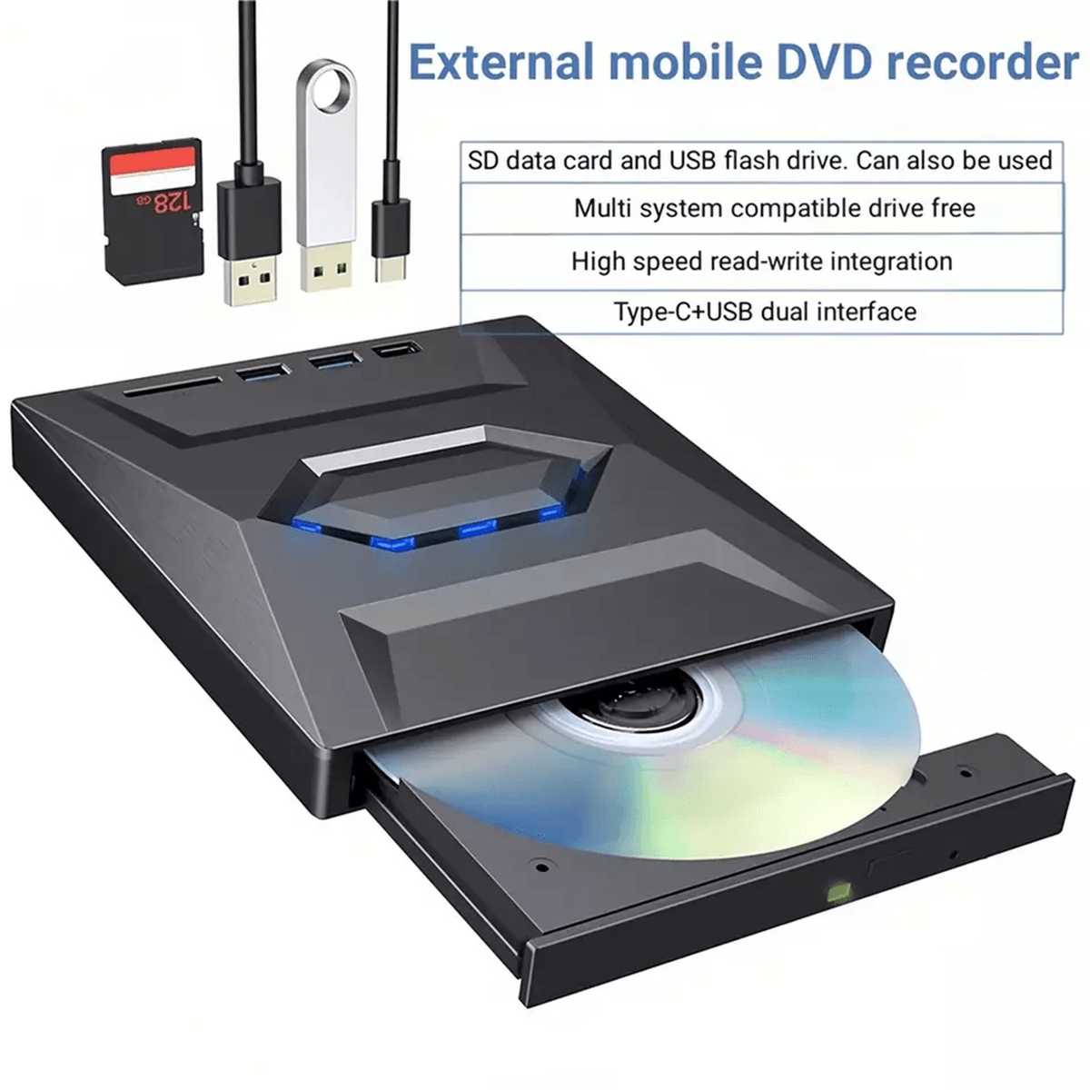 External Optical Drive with SD Card Slot and USB Hub for PC Mac  Laptops