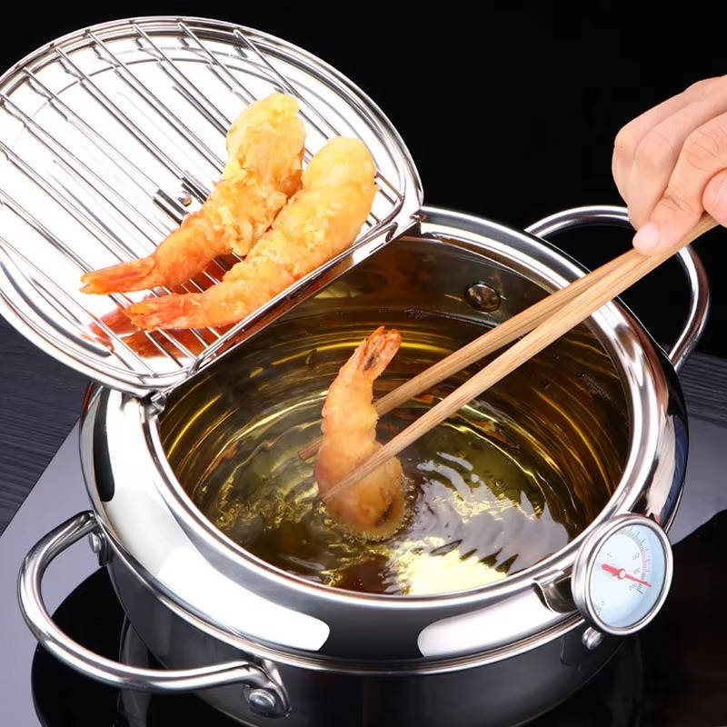 Deep Frying Pot with Splash Guard Lid and Built-in Thermometer, Wire Drain  Rack