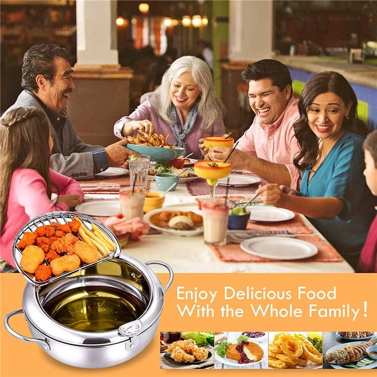 Deep Frying Pot with Splash Guard Lid and Built-in Thermometer, Wire Drain  Rack