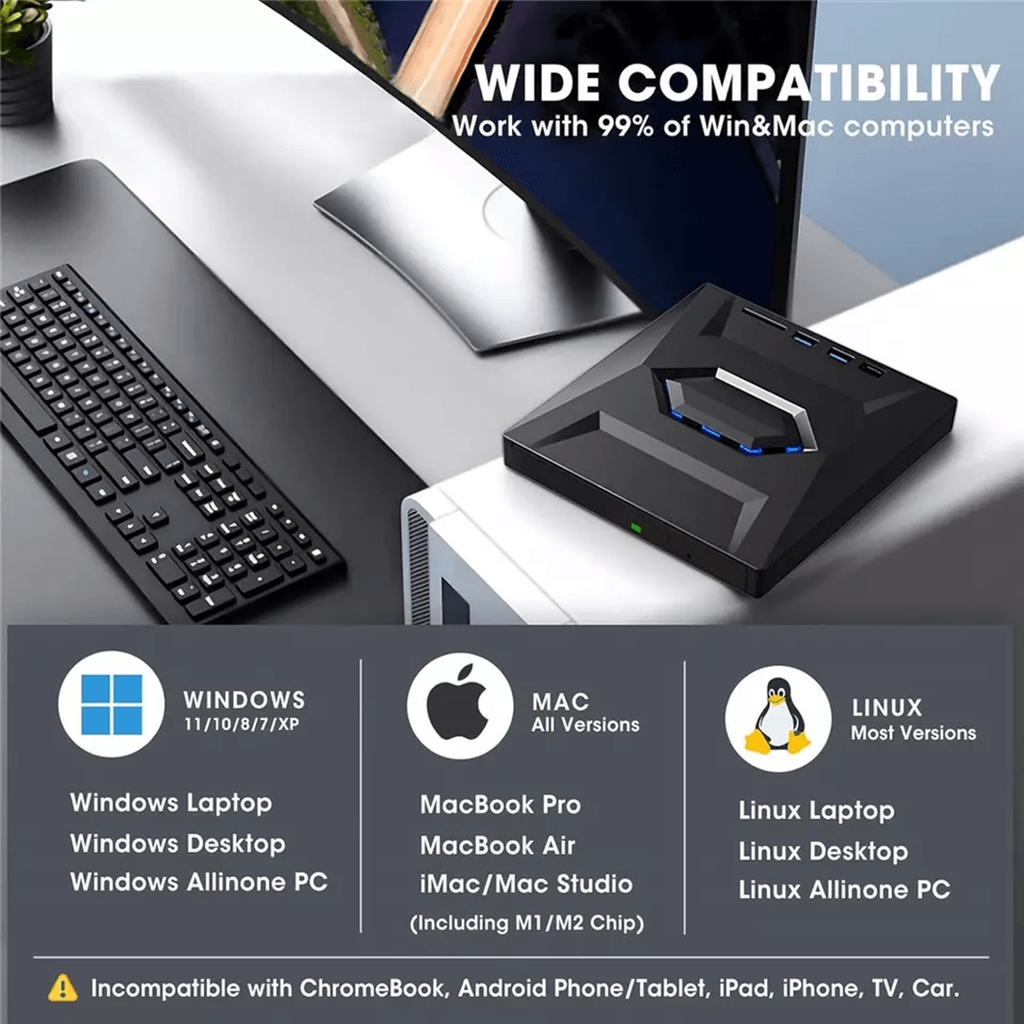 External Optical Drive with SD Card Slot and USB Hub for PC Mac  Laptops