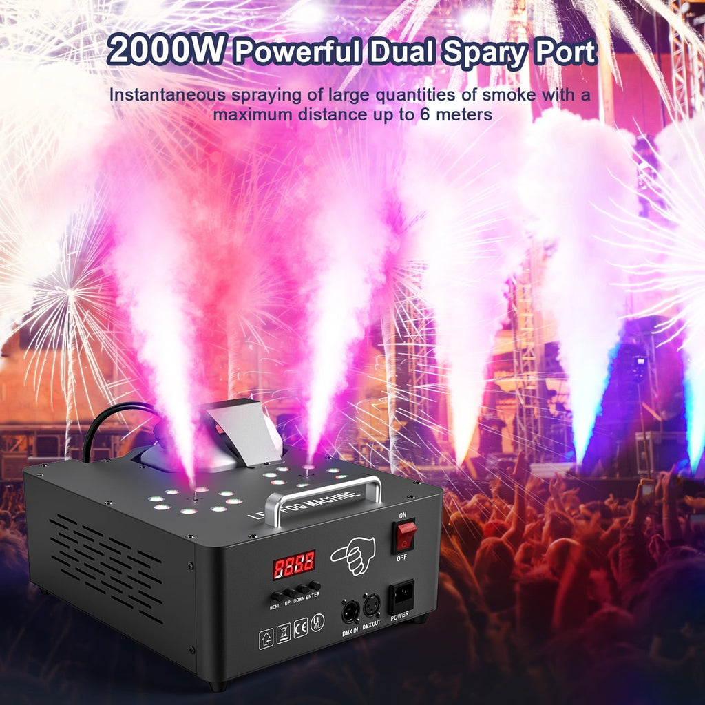 Smoke Machine Fog Machine 2000W Double-tube Adjustable DMX512 RGB 3-in-1 Led Stage Smoke Machines for Party/ Wedding/ Stage