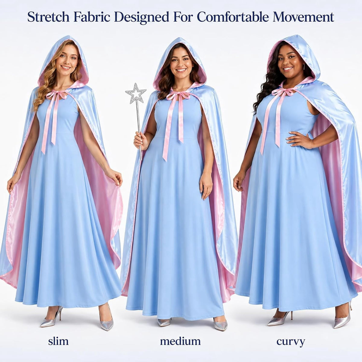 3PCS Fairy Godmother Halloween Costumes for Women, Blue Dress with Cape and Star Wand, Cosplay Outfit for Fairy Parties Stage Performances