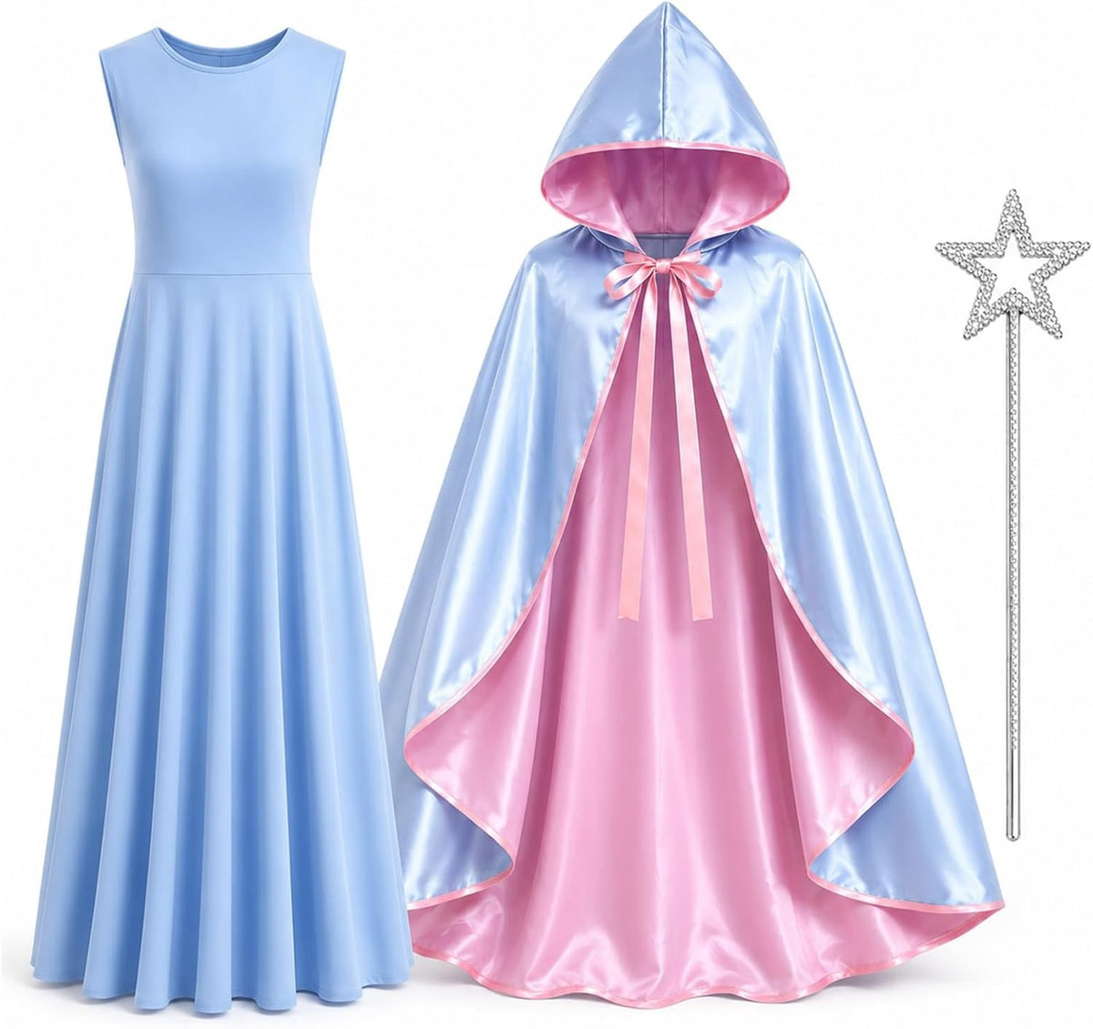 3PCS Fairy Godmother Halloween Costumes for Women, Blue Dress with Cape and Star Wand, Cosplay Outfit for Fairy Parties Stage Performances