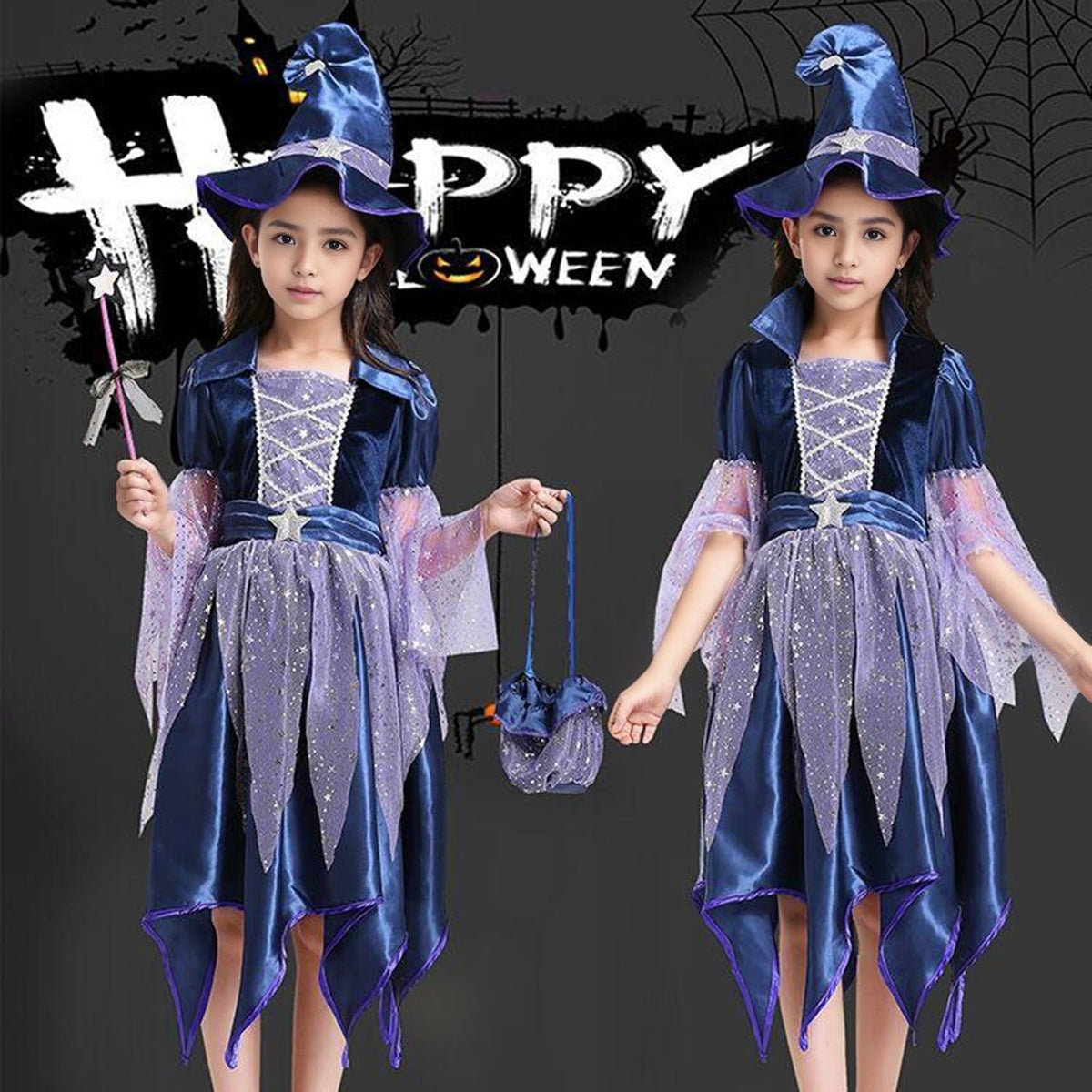 Gunia Girls Witch Tutu Dress Outfits With Hat 4 Piece Halloween Cosplay Dress Role Play For Toddler Kids Holiday Party Dress Up Play, Size 4-14 Years