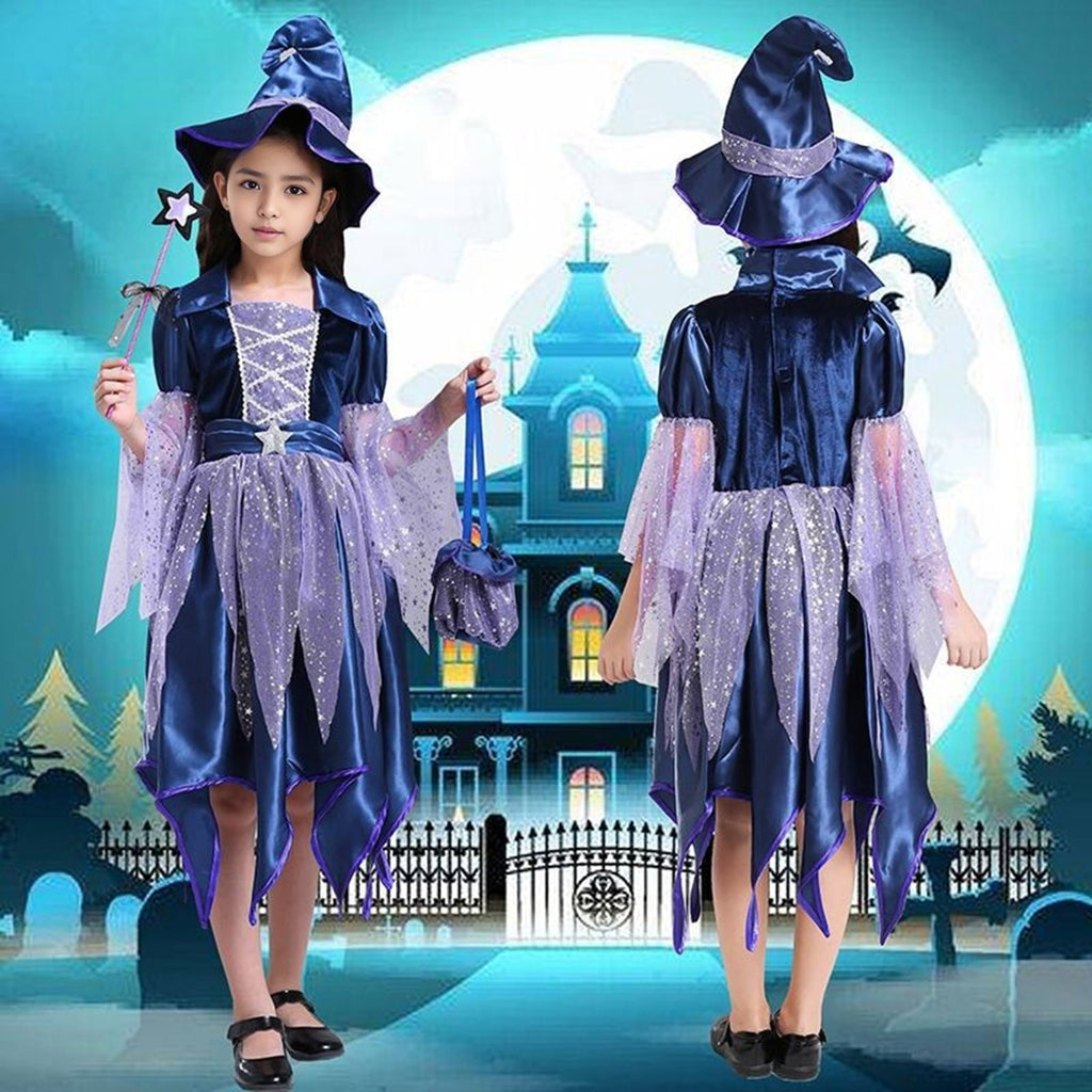 Gunia Girls Witch Tutu Dress Outfits With Hat 4 Piece Halloween Cosplay Dress Role Play For Toddler Kids Holiday Party Dress Up Play, Size 4-14 Years