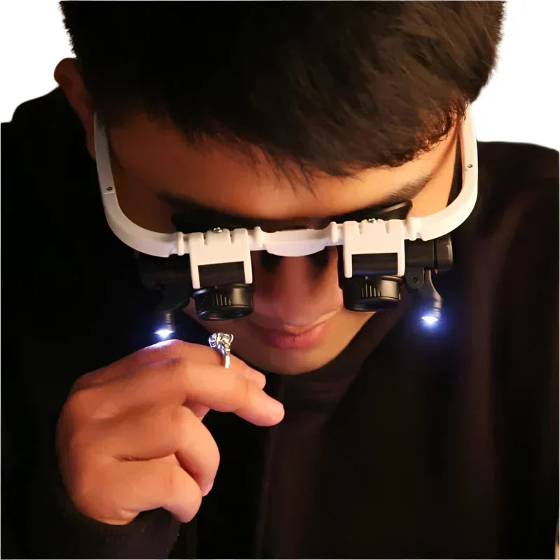 Hands-Free Magnifier Headset with Pivoting LED Lights and Three Interchangeable  Lenses