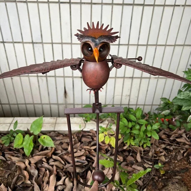 Garden Bird Sculpture with Flapping Wings and Six-Point Ground Stake, Powder-Coated Metal