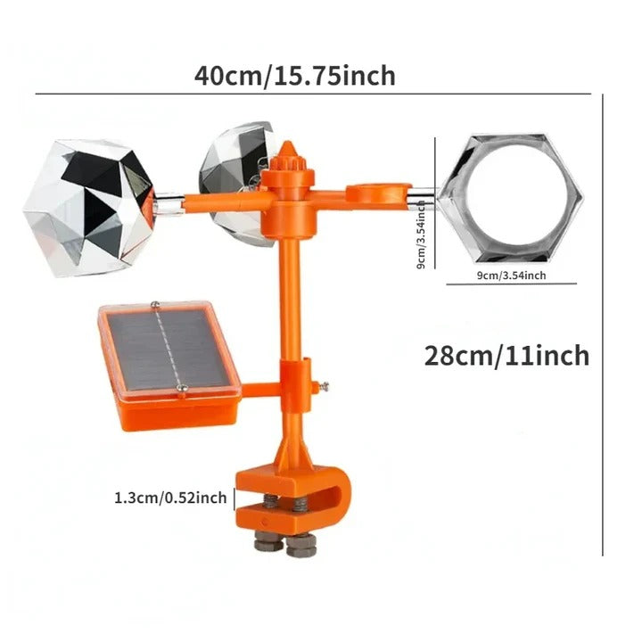 Bird Repeller with Wind-Driven Rotating Mirrors and Motion-Activated Predator Sounds, Solar  Powered