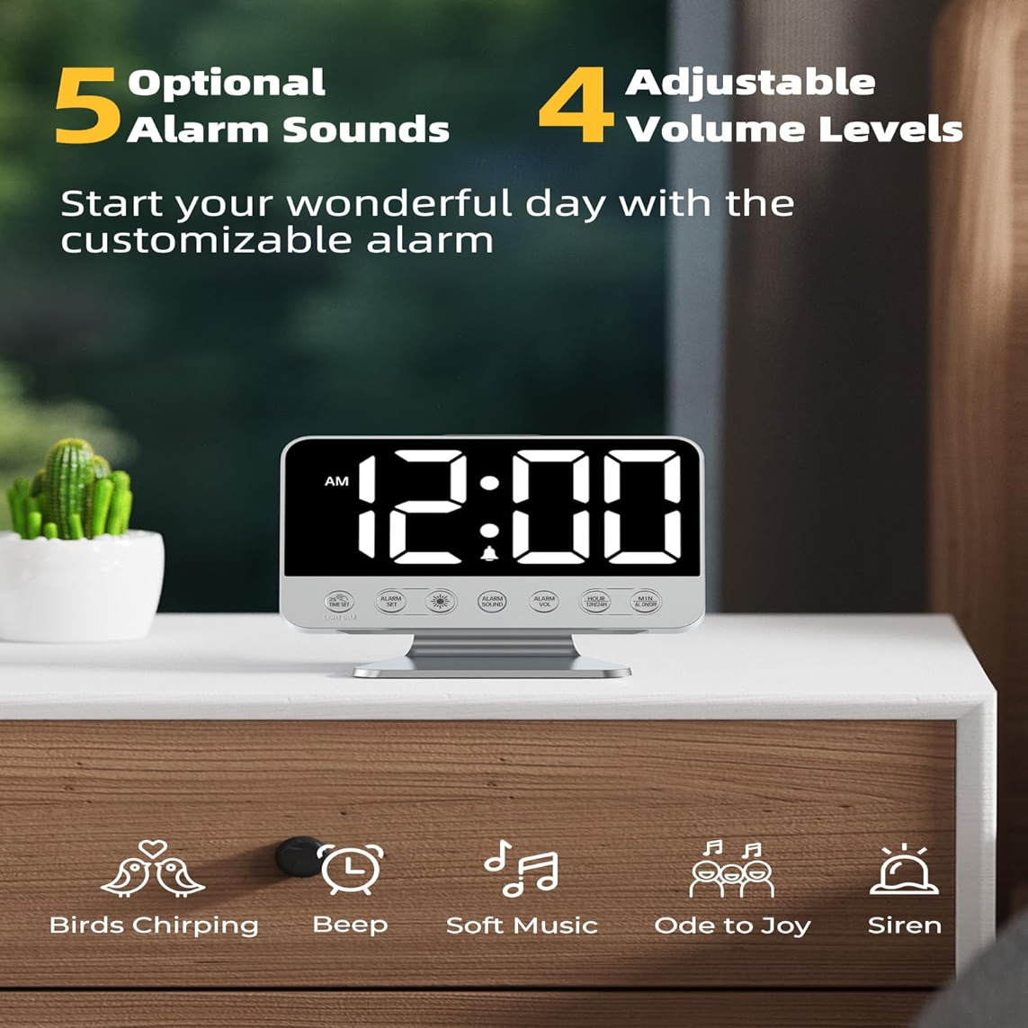 Digital Alarm Clock with Battery Backup and Phone Charging, 2-Inch Large Display