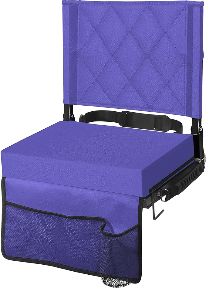Folding Stadium Seat with Angled Back Support and Adjustable Shoulder Strap for Bleachers