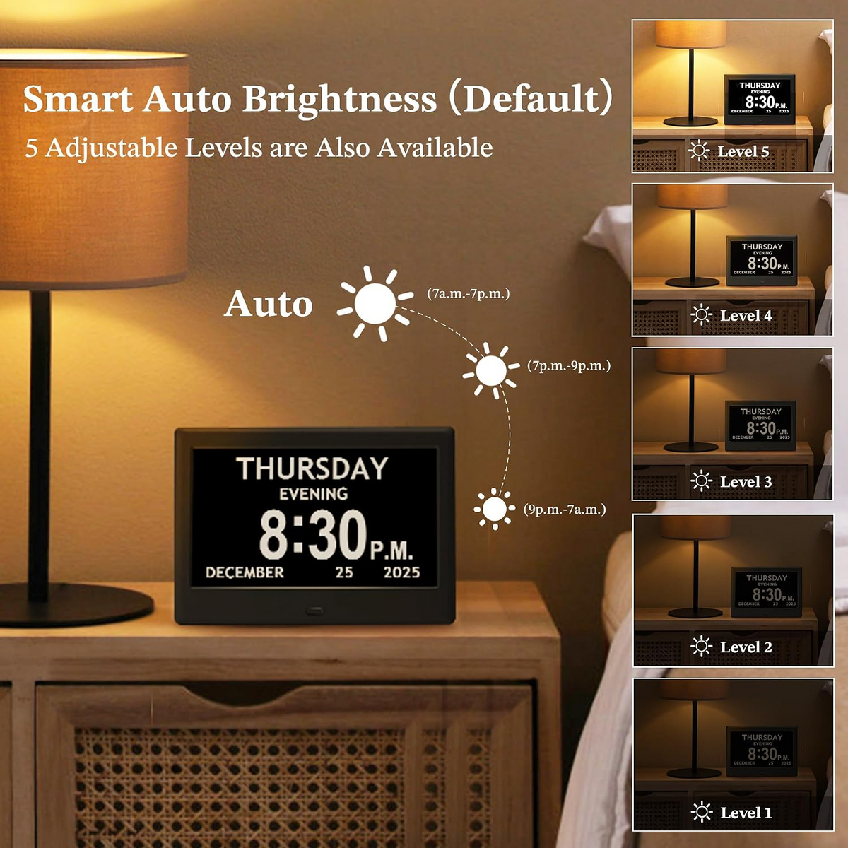 Activity Reminder Clock with Eight Daily Icons and Large Text Display