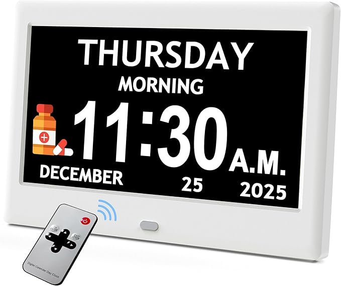 Activity Reminder Clock with Eight Daily Icons and Large Text Display