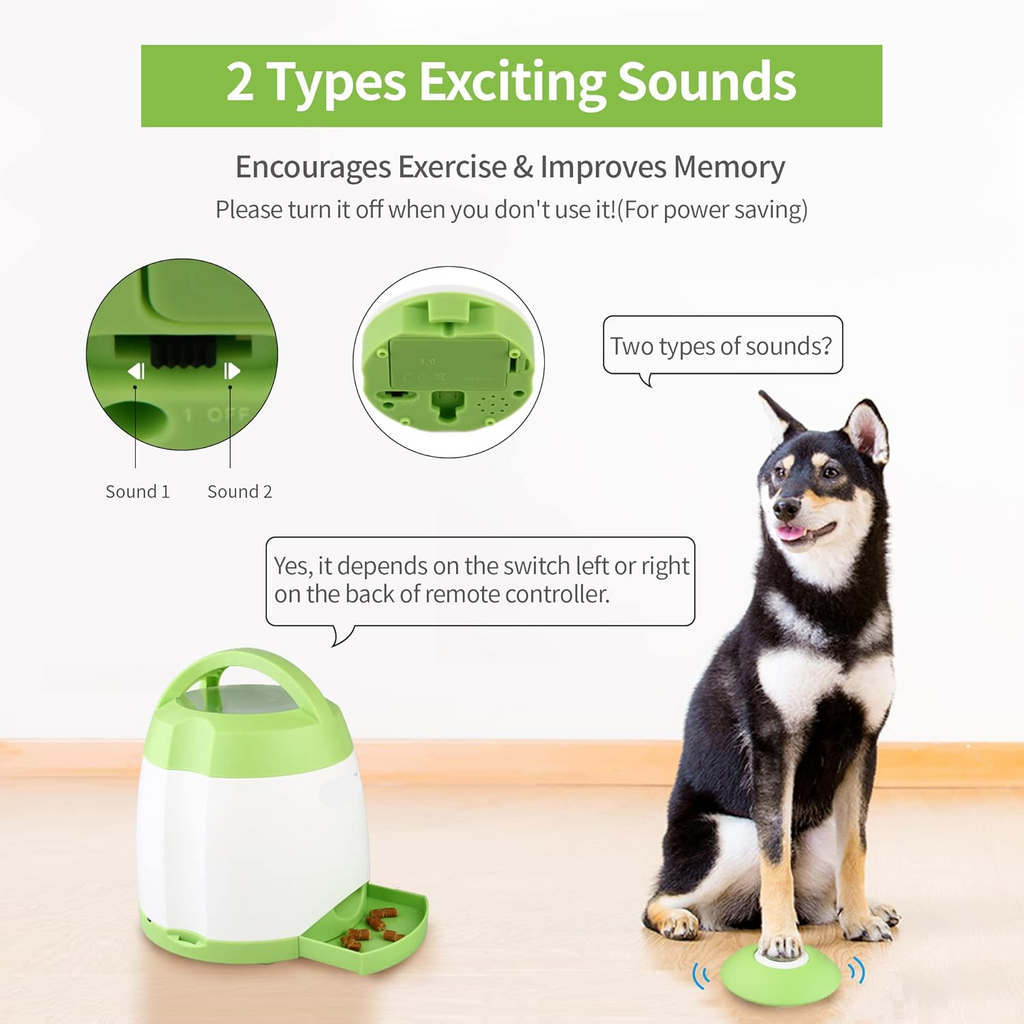 Dog Treat Dispenser with Squeaky Remote Button and Adjustable Portions