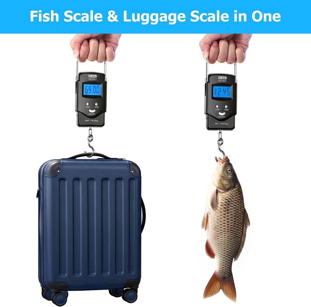 Digital Hanging Scale with Integrated Tape Measure and Blue LCD Display, 110lb Capacity