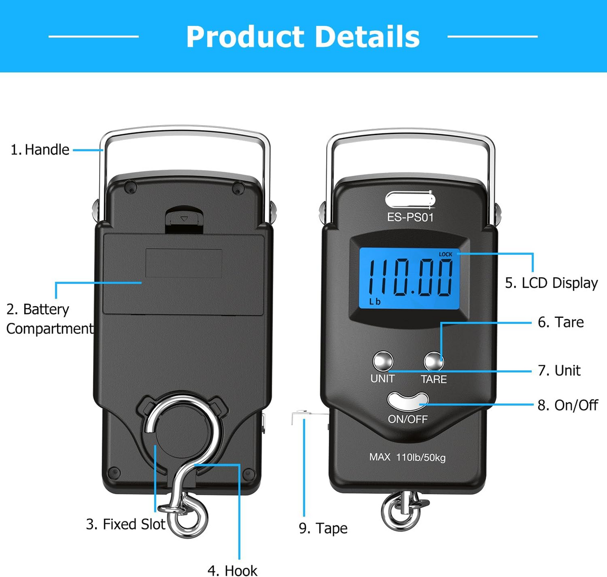 Digital Hanging Scale with Integrated Tape Measure and Blue LCD Display, 110lb Capacity