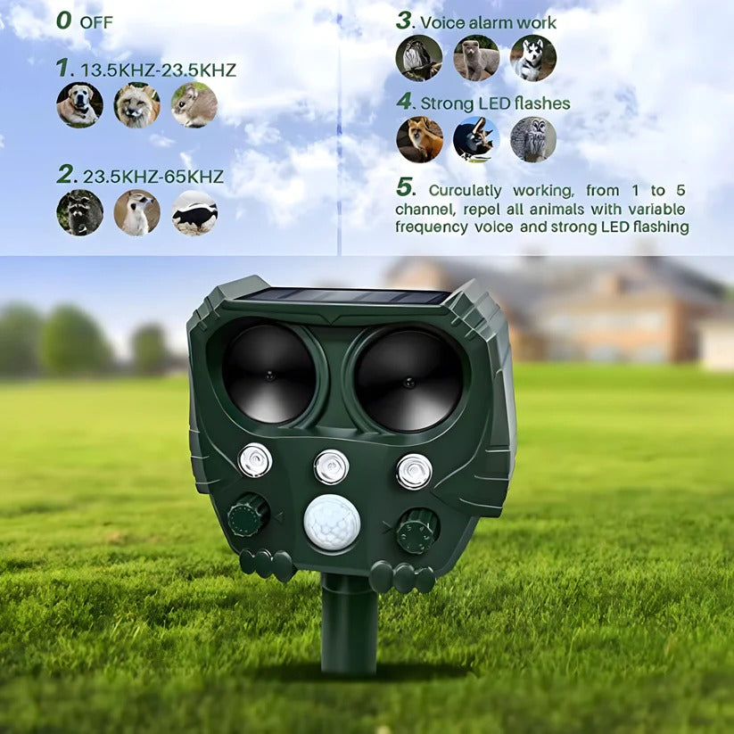 Animal Ultrasonic Repellent with Motion Sensor and Solar Power, 110° Range 26 Ft