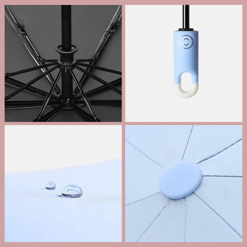 Button Activated Umbrella with 360 Degree Rotating Handle and Hook Storage  Design