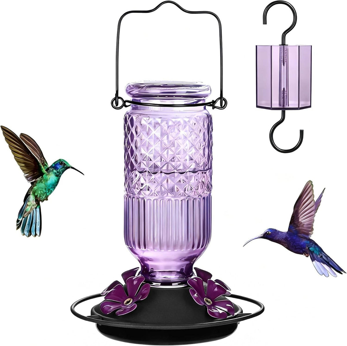 16 OZ Glass Hummingbird Feeders for Outdoors, with 4 Bee Guard Feeding Ports & Built in Ant Moat