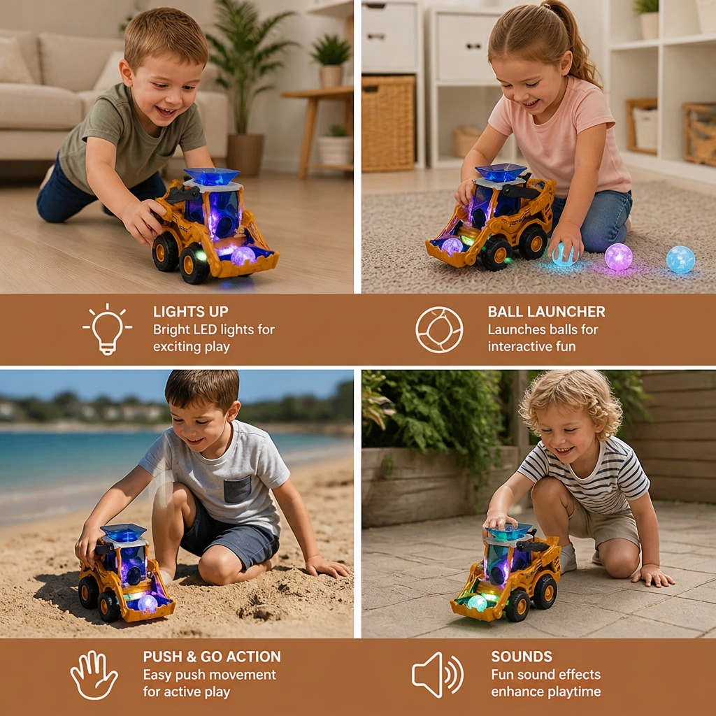 Construction Bulldozer Toy with Light Effects and Ball Launcher for Kids
