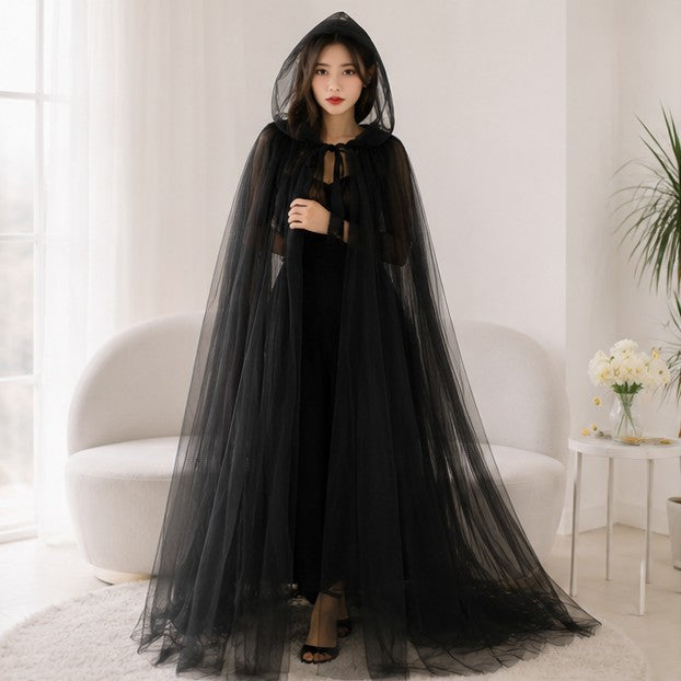 Hooded Witch Cloak with Sheer Mesh Fabric for Halloween and Cosplay