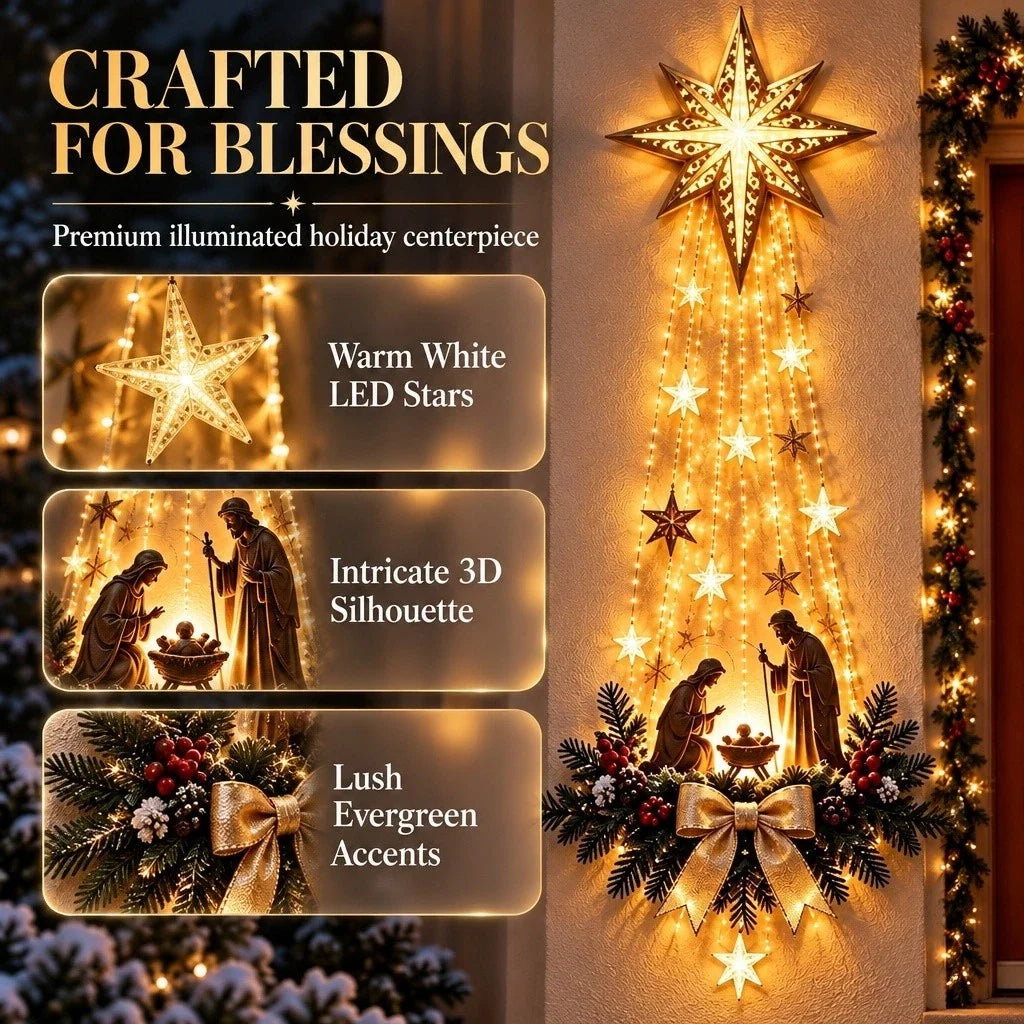 Holy Family Nativity Wall Decoration with Warm White Star Lights and Pine Accents